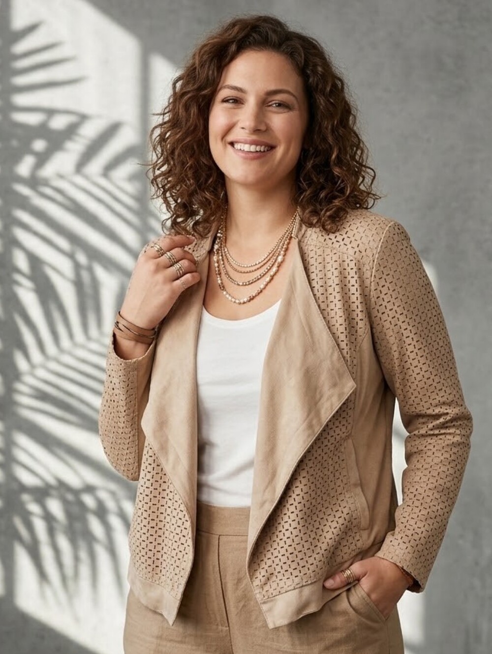 Lyssé Faux Suede Laser Cut Perforated Drape Front Waterfall Jacket Neutral Tan M